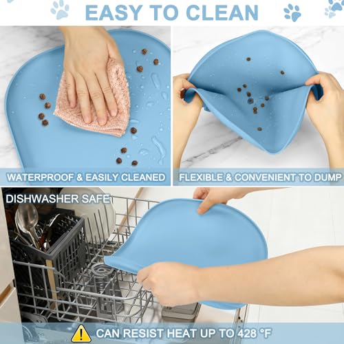Waterproof Silicone Pet Food Mat with Raised Edge for Dog & Cat (Light Blue / 12"L x 12"W)