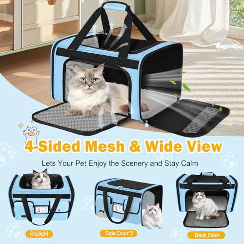 Large Cat Carrier Travel Soft Sided Pet Carrier Airline Approved (Light Blue)