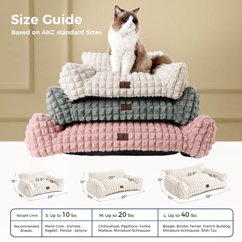 Cat Couch Bed with Fluffy Faux Rabbit Fur for Indoor Cats (Off White / Small: 24"L x 18"W x 10"Th)