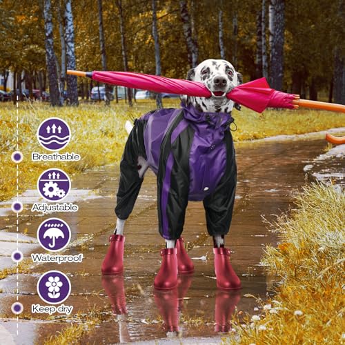 Dog Raincoat 4 Leg Waterproof Dog Rain Jacket with Hood (Purple / Large)