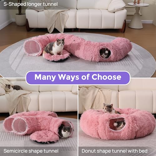Plush Cat Tunnel Bed for Indoor Cats with Soft Cushion (Pink)
