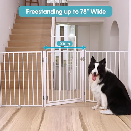 Freestanding Dog Gate with Door for Indoor & Outdoor (White / 【3 Panels with Door】78"W×30"H)