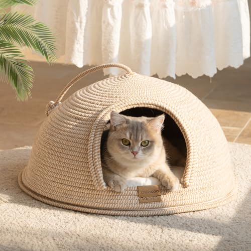 Cat Cave Bed with Washable Cushion and Ball (White)