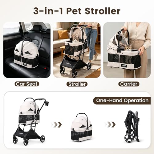 T3 Pet Stroller for Small Dogs & Cats up to 44lbs (Beige & Net Wall / T3)