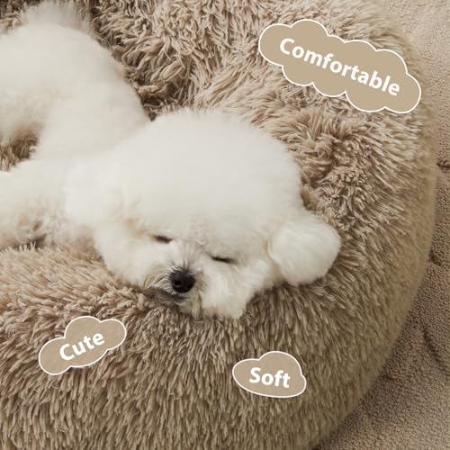 Small Round Calming Dog Bed Cat Bed for Comfy Sleep (20"L x 20"W x 8"Th / Brown)