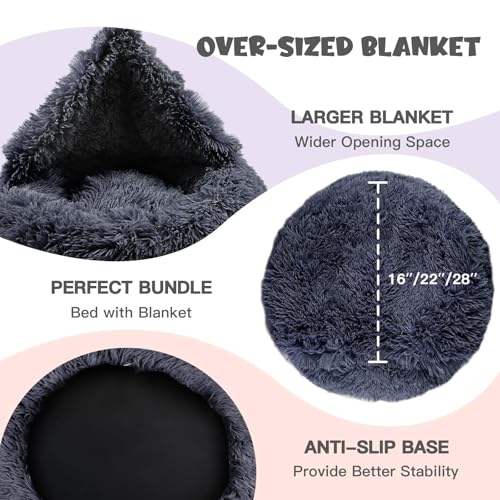 Covered Large Dog Bed with Blanket Attached Calming Burrow Deep Grey (35.0"L x 35.0"W x 10.0"Th / Grey)