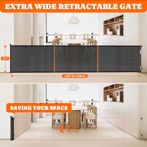 Extra Tall Retractable Baby Gates (Black / 51" Tall x 200" Wide)