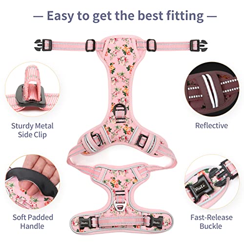 Dog Harness No Pull Adjustable Padded Reflective Harness for Small Medium Large Dogs with Handle for Walking Training (L / Flower-Pink)