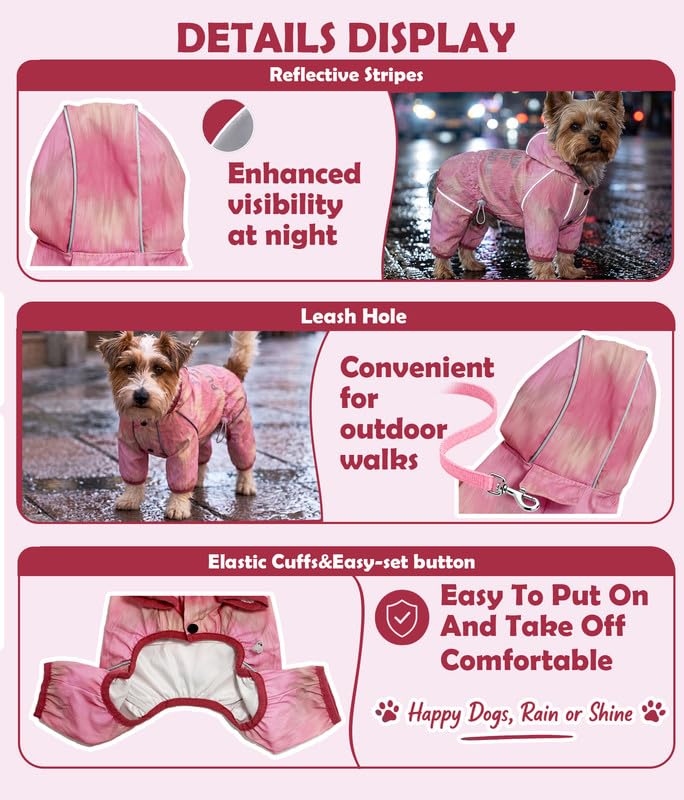 Dog Raincoat Waterproof Full Coverage Softshell Jacket (S-Back(9.5-11.4″) | Weight(8-12lbs) / Pink Watercolor)