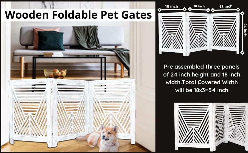 Lightnpro 3‑Panel Wooden Dog Gate (Antique White Lines / 24x54 - Clover)