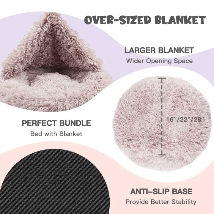 Covered Small Dog Bed with Blanket Attached Calming Burrow Beige (20.0"L x 20.0"W x 7.0"Th / Beige)