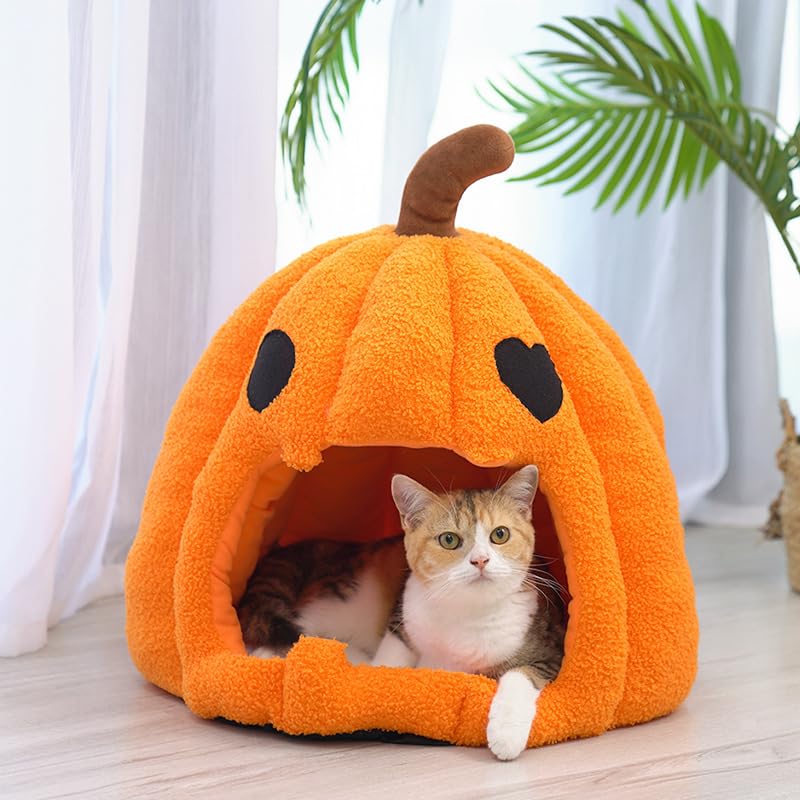 Halloween Pumpkin Cat Beds for Indoor Cats (Yellow / 16 in)