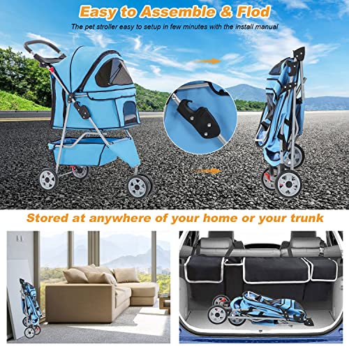 3 Wheel Foldable Pet Stroller (Blue / 3 Wheels)