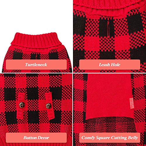 Christmas Dog Sweaters Buffalo Check with Leash Hole Turtleneck Dogs Cable Knit Cat Sweater Small Dogs Pullover Dog Christmas Outfit for Cold Weather (Small (4-7lbs) / 4# Christmas Red)