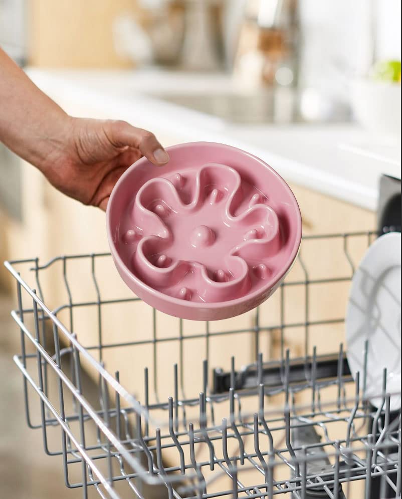 Slow Feeder Dog Bowls Ceramic (Pink Bloom / M-1.5 Cups)