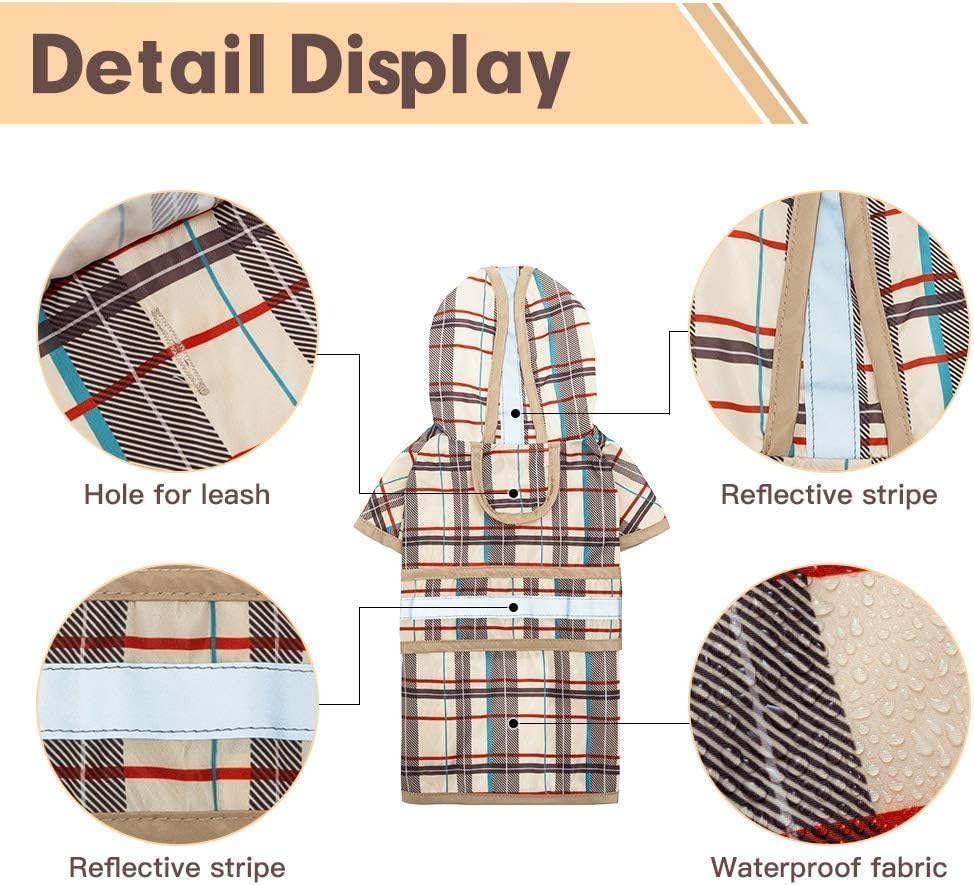 Dog Raincoat Hooded Slicker Poncho with Leash Hole (XS:5-10lbs / Plaid beige)