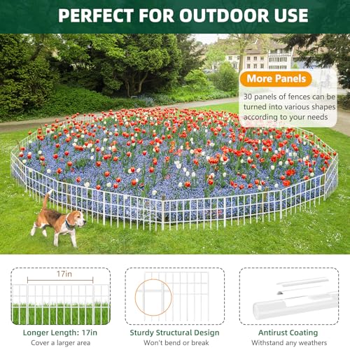 42.5ft(L) x 13in(H) Animal Barrier Fence, 30 Panels No Dig Garden Fence for Dog Rabbit, Rustproof Anti Digging Barrier, Garden Edging Border Ground Defense for Outdoor, Yard, Patio, White (White / 30 Panels, 42.5ft(L) x 13in(H))