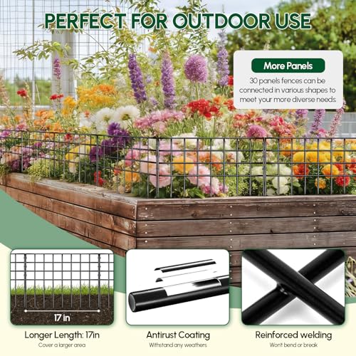 42.5ft(L) x 13in(H) Garden Fence Animal Barrier, 30 Panels No Dig Fence Panels for Dog Rabbit, Rustproof Metal Dig Defence Fencing Bottom Barrier, Anti Digging Garden Edging Border for Outdoor, Yard (30 Panels, 42.5ft(L) x 13in(H) / Black)