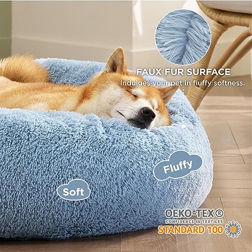 Calming Dog Bed Medium Size Dog Donut Washable Pet Bed (30"L x 30"W x 8"Th / Light Blue)