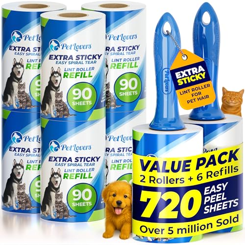 Extra Sticky Lint Roller Mega Value Set 720 Sheets for Pet Hair Removal and Clothes
