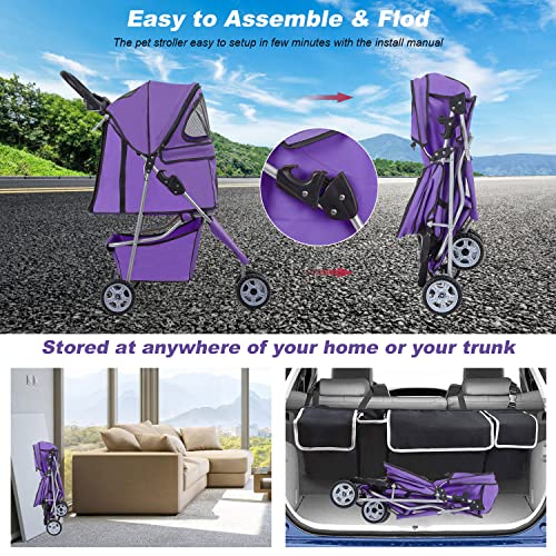 3 Wheel Foldable Pet Stroller (Purple / 3 Wheels)