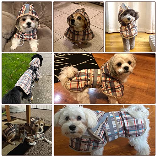 Dog Raincoat Hooded Slicker Poncho with Leash Hole (S:10-15lbs / Plaid beige)