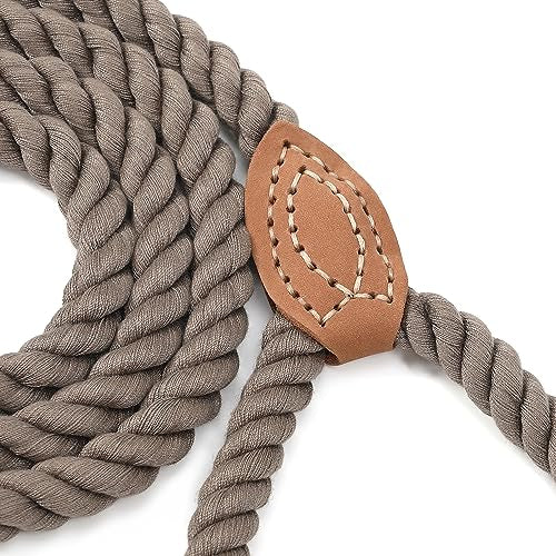 Dog Leash Braided Cotton Rope with Leather (Camel / 48 Inch-1/2")