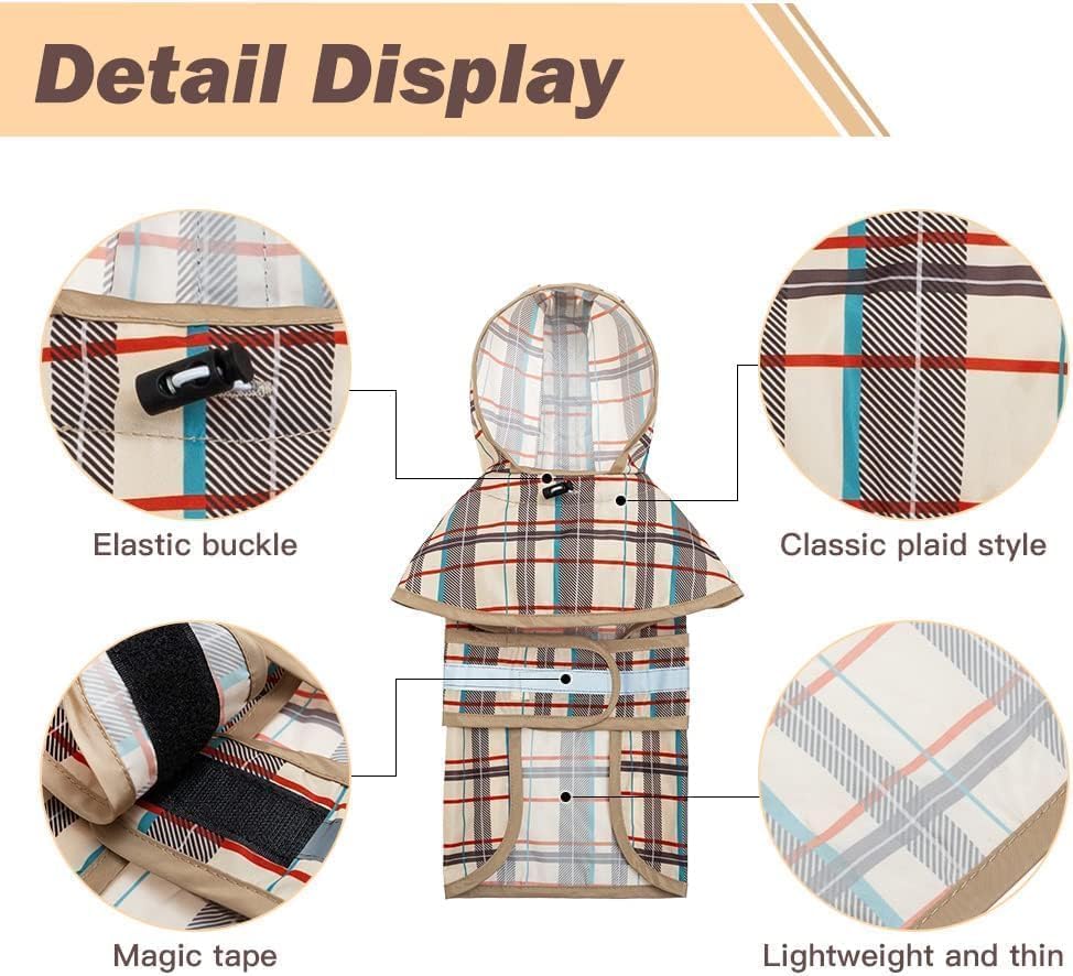 Dog Raincoat Hooded Slicker Poncho with Leash Hole (XS:5-10lbs / Plaid beige)