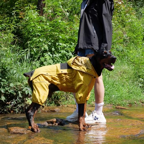 Fleece Lined Dog Raincoat with Removable Hood (Mustard Yellow Fleeced / 4XL (Back 23.5"))