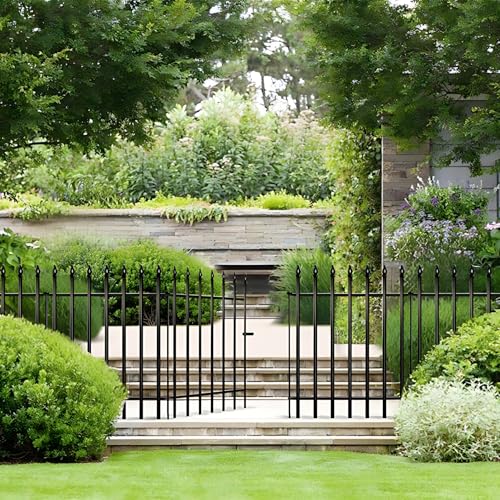 36" H x 28" W Metal Garden Fence with Gate (Black / 36″ H x 11.6 ft (4 Panels + 1 Gate))