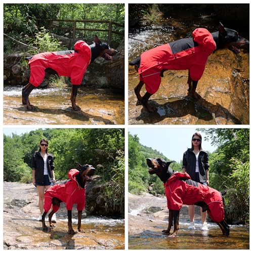 Fleece Lined Dog Raincoat with Removable Hood (Red-Fleeced / 3XL (Back 22"))