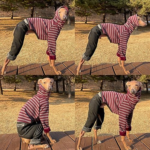 D Doggy Star Italian Greyhound Clothes Stripe Fleece Stretchable Denim Onesie Whippet for Dog Turtleneck Outfits Coat (3XL / Denim Burgundy)