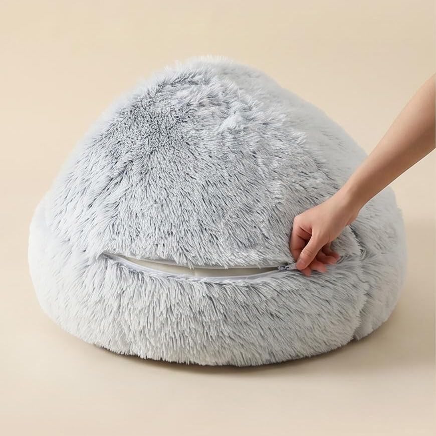 2-in-1 Convertible Cat & Dog Bed Cave with Removable Zipper Hood, Converts to Calming Donut Bed, Reversible Plush & Cooling Ice Silk Cushion (Grey, 28 in Large Size) (Grey / 28 in Large Size)
