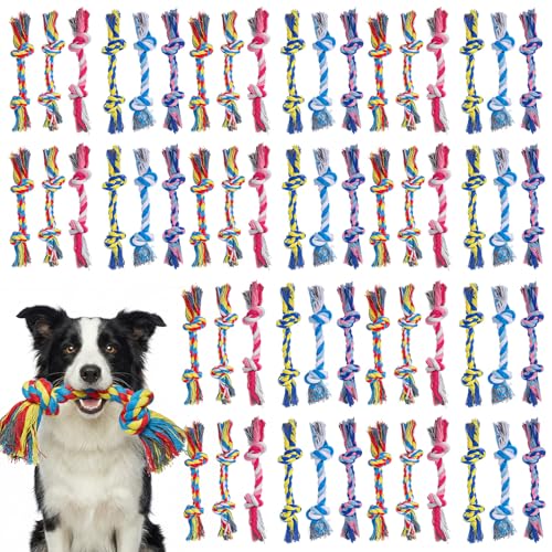 60 Pcs Dog Toys Bulk Chew Ropes Dental Cotton Teething 2 Knot Tug of War Toy for Small and Medium Dogs Puppies