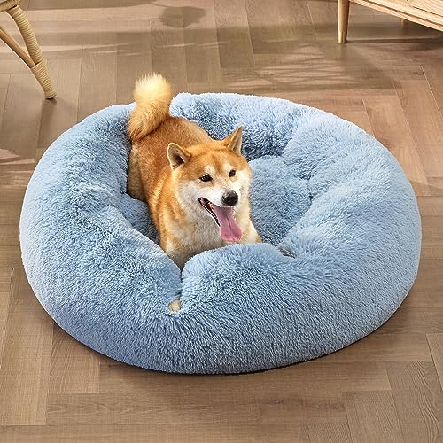 Calming Dog Bed Medium Size Dog Donut Washable Pet Bed (30"L x 30"W x 8"Th / Light Blue)