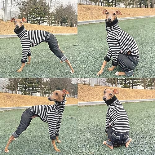 D Doggy Star Italian Greyhound Clothes Stripe Fleece Stretchable Denim Onesie Whippet for Dog Turtleneck Outfits Coat (2XL / Denim Black)
