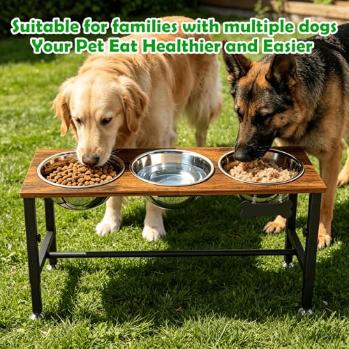 Adjustable Height Elevated Dog Bowl Stand for Large & Extra Large Dogs (Brown-3L-Three)