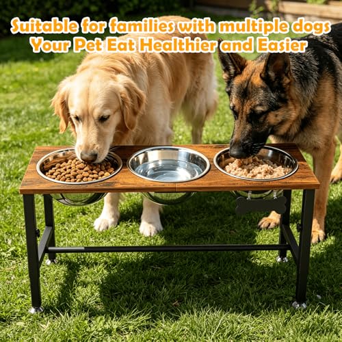 XXLarge Wooden Elevated Dog Bowl Stand (Brown-XX, 3 Bowls / Height:11.8 in-17.7 in)