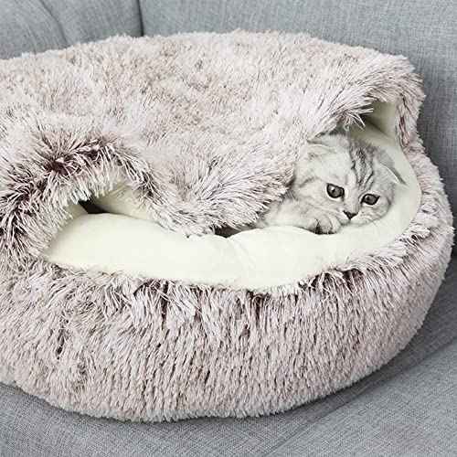 Round Plush Fluffy Hooded Cat Bed Cave (26.0"L x 26.0"W x 6.5"Th / khaki)
