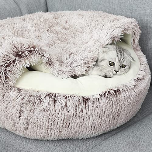 Cat Bed Round Plush Fluffy Hooded Cat Bed Cave (26.0"L x 26.0"W x 6.5"Th / coffee)