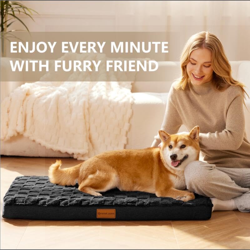 Orthopedic Large Dog Bed Washable Pet Crate Mat 36''X24'' Black (Black / 36"L x 24"W x 3.5"Th)