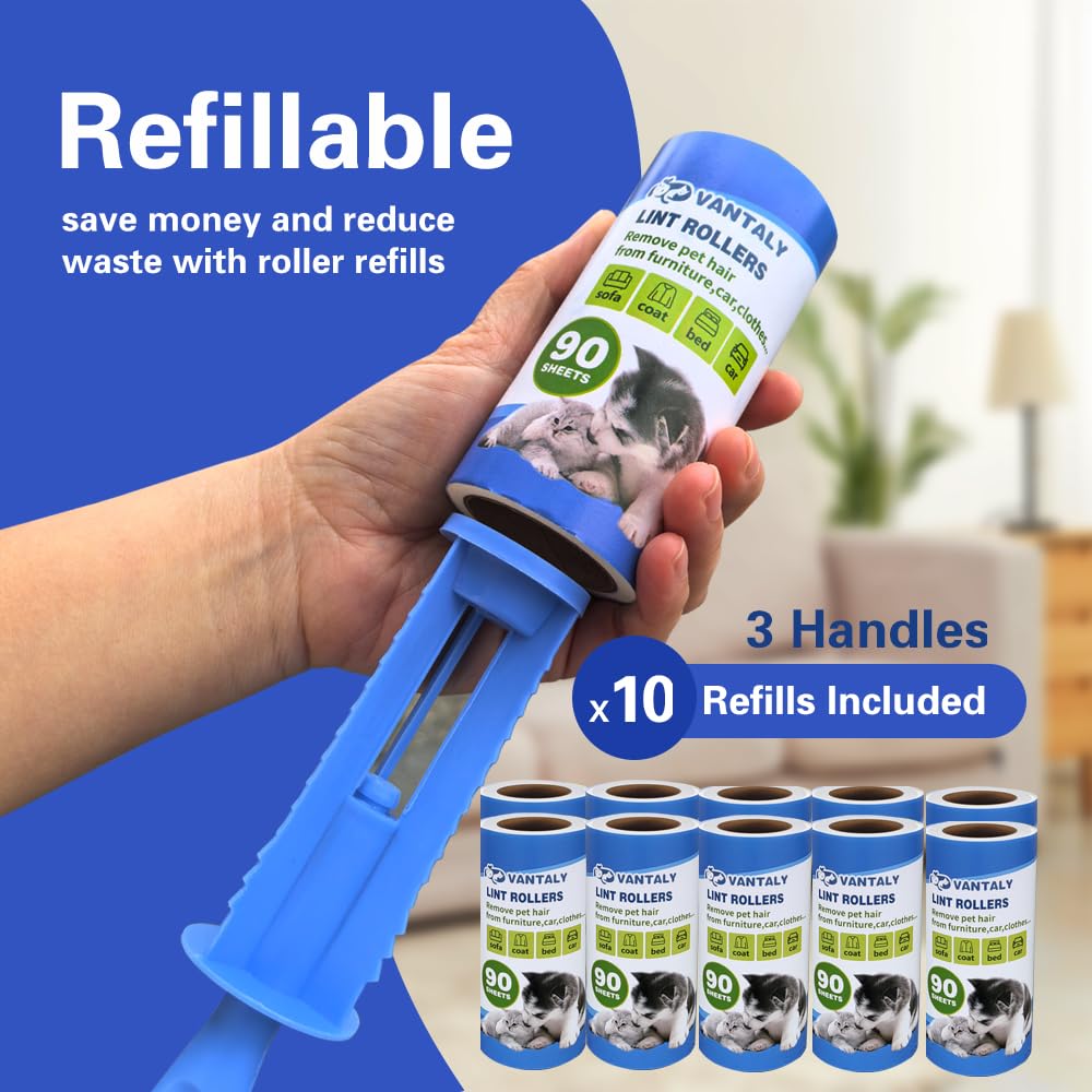 Extra Sticky Lint Roller Mega Value Set 900 Sheets for Pet Hair Removal and Clothes (10pack(900sheets+3hanldes))