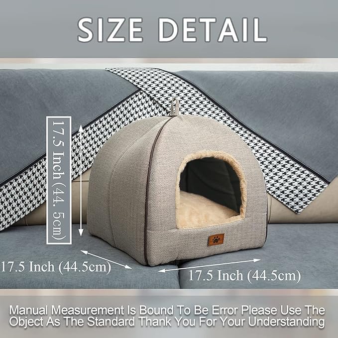Cat Bed Cat Cave House Tent with Washable Cushioned Pillow (Beige / L(17.5 x 17.5 x 17.5 Inch))