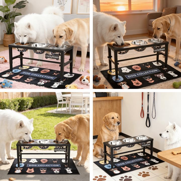 3-in-1 Elevated Dog Feeder with 3 Stainless Steel Bowls, Heavy Iron Stand, Custom Name Plate, Non-Slip Mat - Easy Clean for Multiple Dogs (Black-L, 3 Bowls / Height:9-12.2inch)