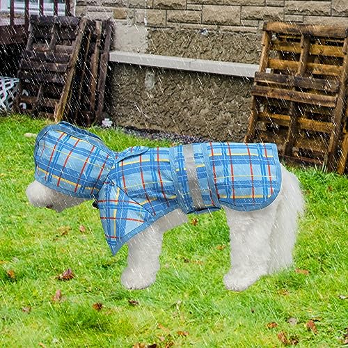 Dog Raincoat Hooded Slicker Poncho with Leash Hole (S:10-15lbs / Plaid Blue)