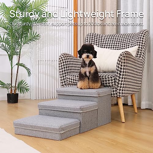 Linen Foldable Dog Stairs with Storage (Light Gray Linen)