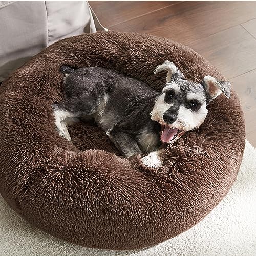 Calming Small Dog Bed Donut Washable Cat＆Puppy Bed (23"L x 23"W x 8"Th / Coffee)