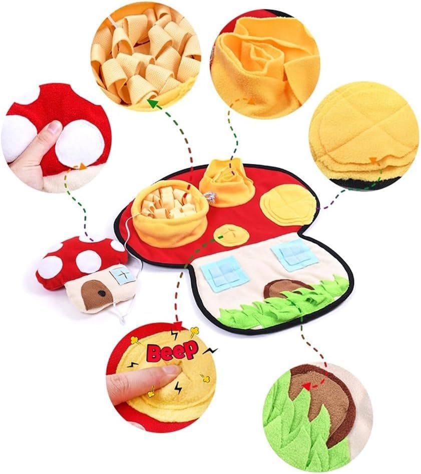 Ferret Cats Snuffle Mat Fleece Foraging Mats Interactive Feeding Toy Small Animal Rabbit Guinea Pig Rat Hamster Anti Slip Treat Dispenser Slow Feeder (Mushroom)