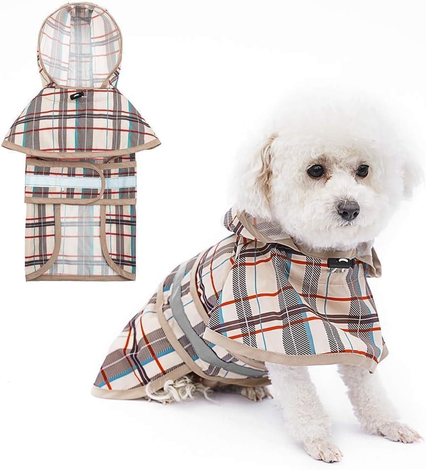 Dog Raincoat Hooded Slicker Poncho with Leash Hole (M/L:25-35lbs / Plaid beige)