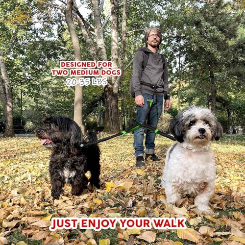 Exquisite Double Dog Coupler No Tangle Swivel for Two Medium Dogs. Premium Quality Attachment for Easy Dog Walking. You Will Absolutely Love This Amazing Gear (Black & Green)